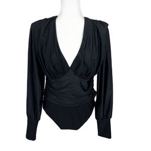 Steve Madden Bodysuit Women Large Black Long Sleeve Kali V-Neck Blouse Top NWT